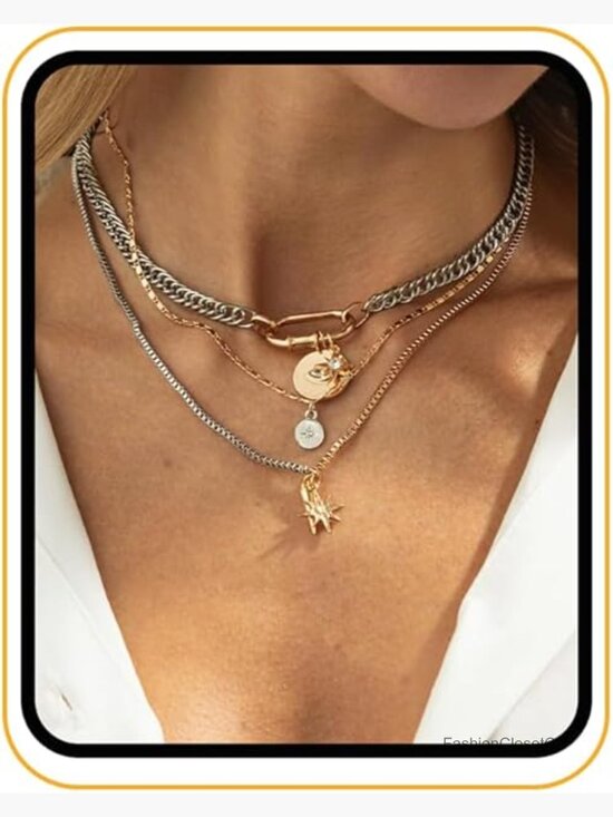 Jewelry - Mixed Metal Chunky Star & Evil Eye Layered Necklace